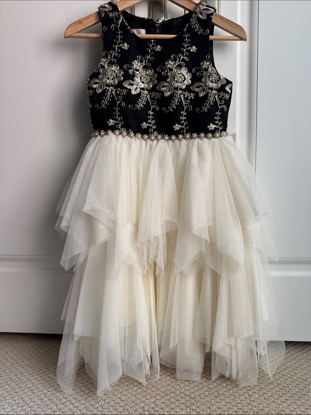 American Princess Black & Ivory Floral Embroidered Tulle Gown